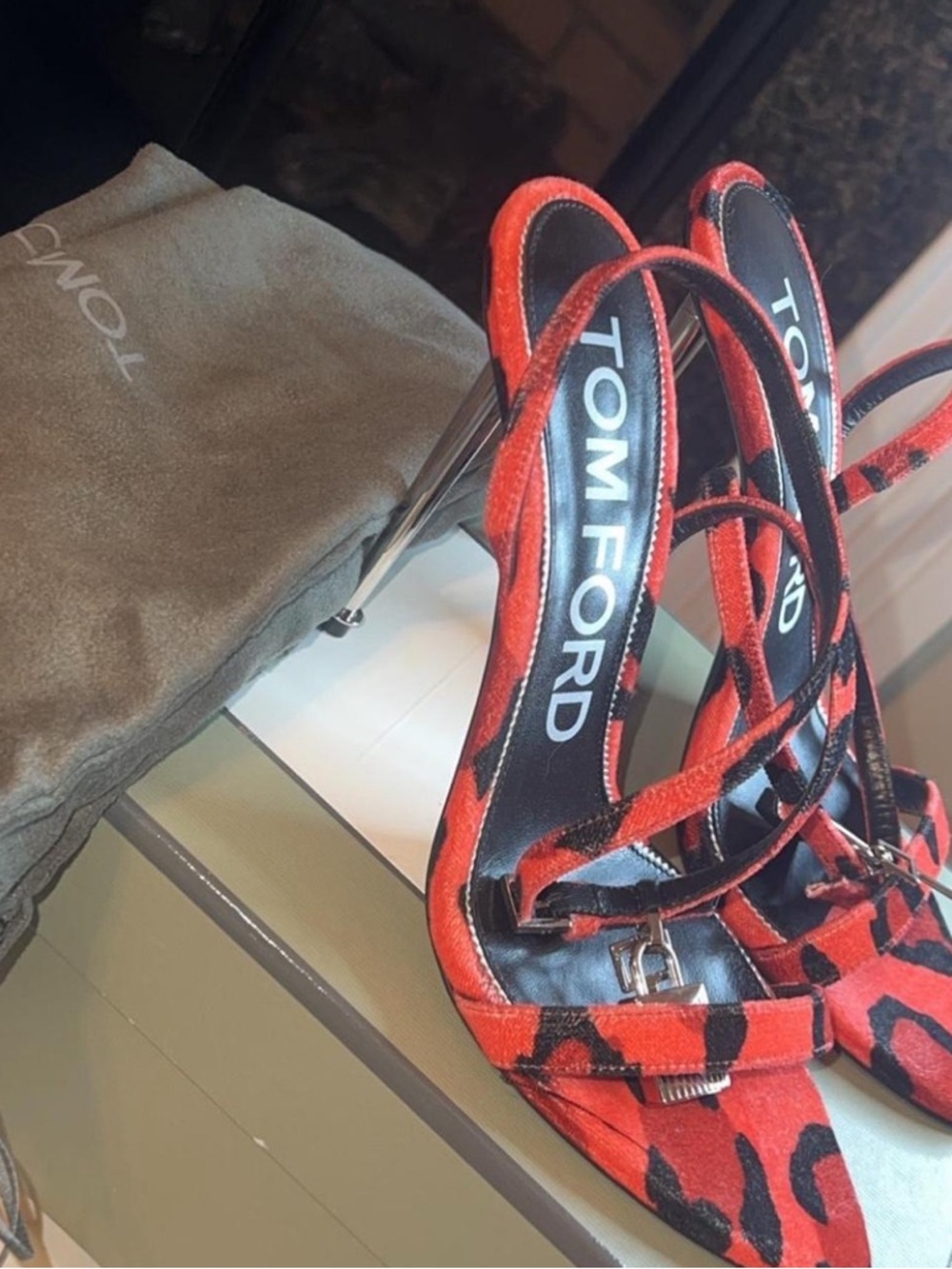 Tom Ford Red and Black Leopard Lace-Up Stiletto Sandals